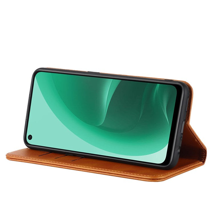 Textured PU Leather Wallet Case for Oppo A55s 5G, Magnetic Auto-absorbed Adjustable Phone Cover - Light Brown