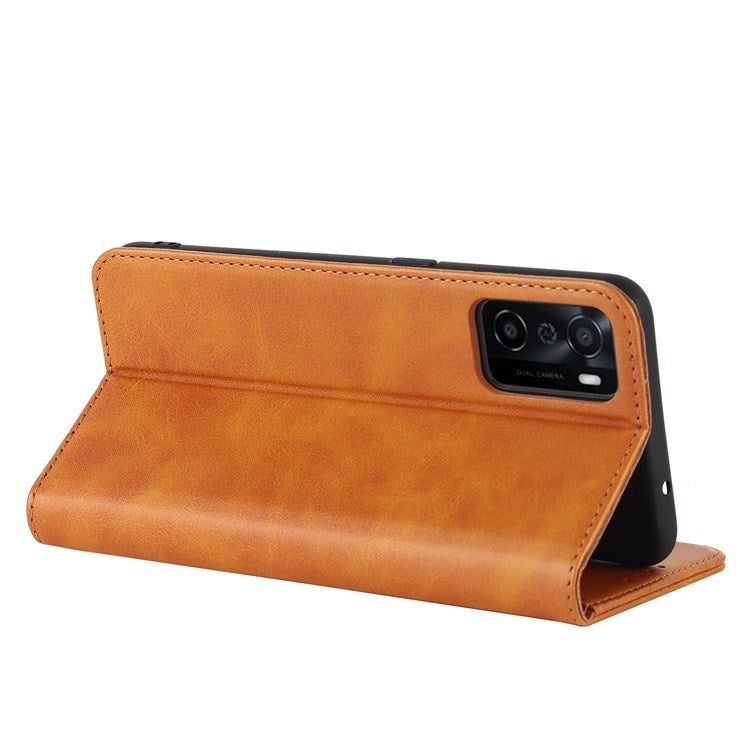Textured PU Leather Wallet Case for Oppo A55s 5G, Magnetic Auto-absorbed Adjustable Phone Cover - Light Brown