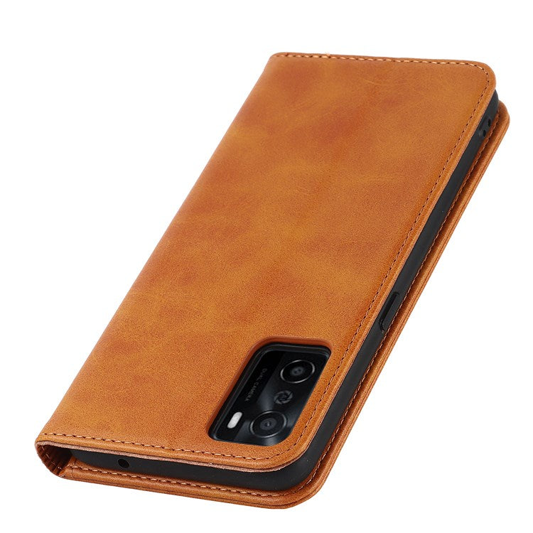 Textured PU Leather Wallet Case for Oppo A55s 5G, Magnetic Auto-absorbed Adjustable Phone Cover - Light Brown