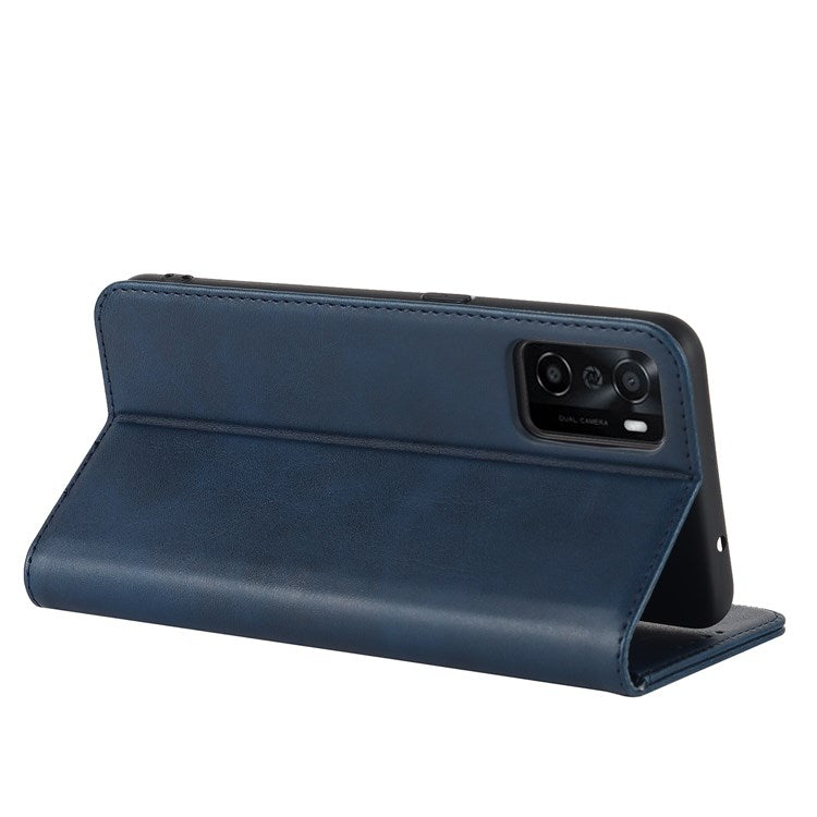 Textured PU Leather Wallet Case for Oppo A55s 5G, Magnetic Auto-absorbed Adjustable Phone Cover - Dark Blue