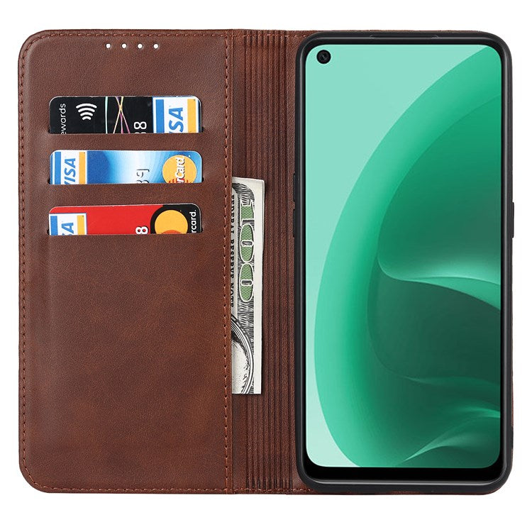 Textured PU Leather Wallet Case for Oppo A55s 5G, Magnetic Auto-absorbed Adjustable Phone Cover - Dark Brown