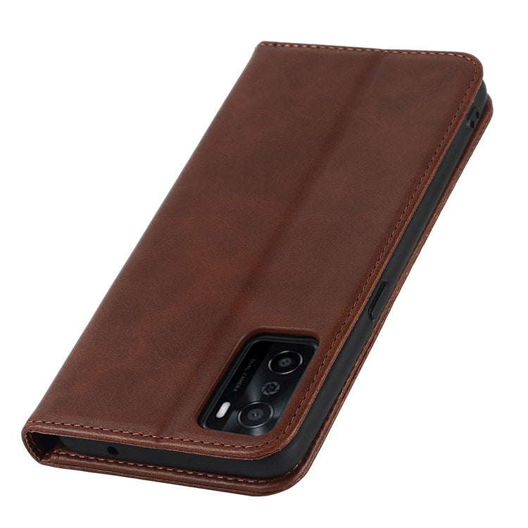 Textured PU Leather Wallet Case for Oppo A55s 5G, Magnetic Auto-absorbed Adjustable Phone Cover - Dark Brown