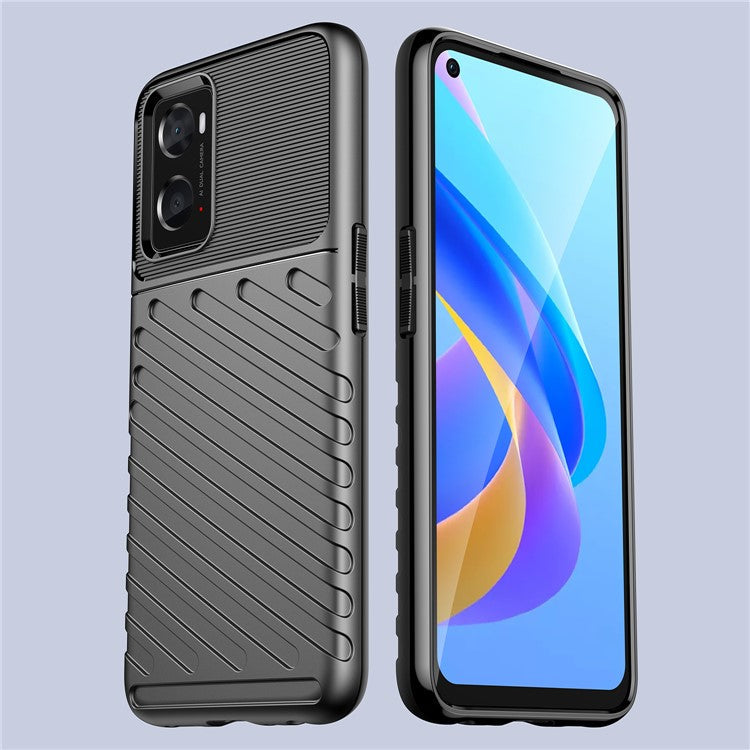 For Realme 9i/Oppo A76/A96 4G Thunder Series Twill Texture Soft TPU Phone Case Thickened Shockproof Cover - Black