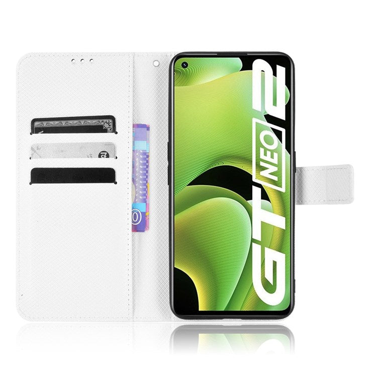 PU Leather Cover for Realme GT Neo2 5G/GT Neo 3T 5G/GT2 Anti-scratch Diamond Texture Wallet Stand Magnetic Full Protection Phone Case - White