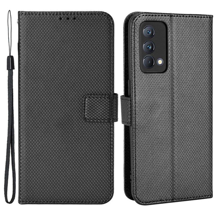 For Realme GT Master/Q3 Pro Carnival/Oppo K9 Diamond Texture Phone Cover Stand PU Leather Wallet Flip Cover - Black