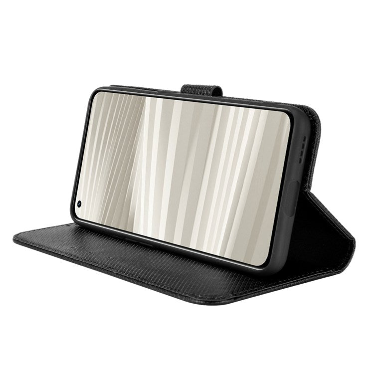 For Realme GT2 Pro Magnetic Clasp Diamond Texture Adjustable Stand PU Leather Wallet Cover - Black