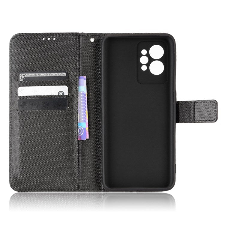 For Realme GT2 Pro Magnetic Clasp Diamond Texture Adjustable Stand PU Leather Wallet Cover - Black