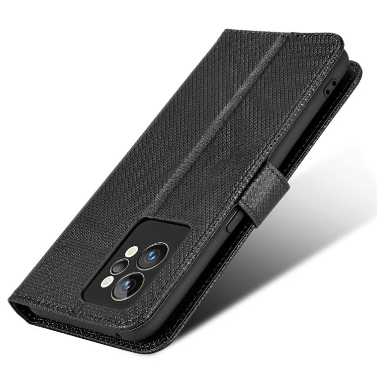 For Realme GT2 Pro Magnetic Clasp Diamond Texture Adjustable Stand PU Leather Wallet Cover - Black