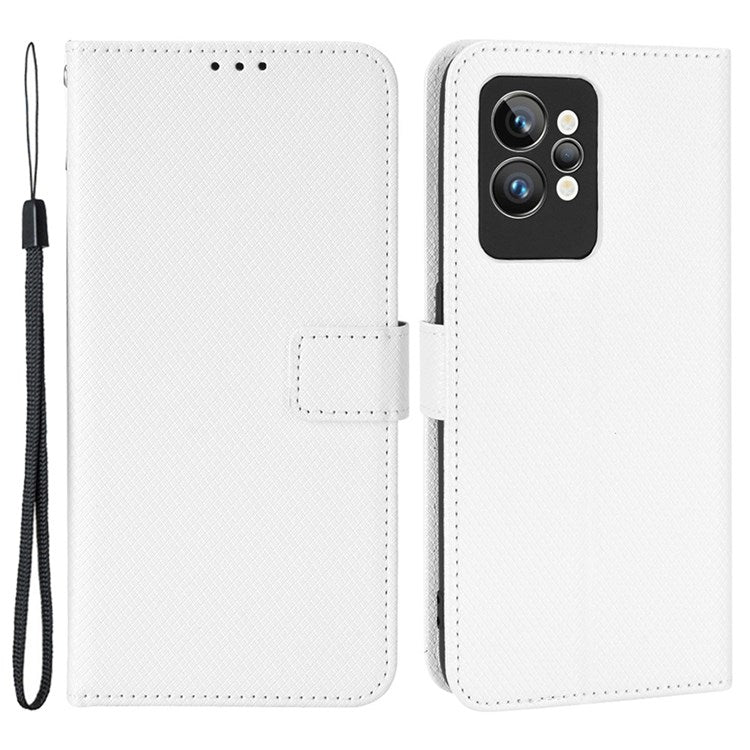 For Realme GT2 Pro Magnetic Clasp Diamond Texture Adjustable Stand PU Leather Wallet Cover - White