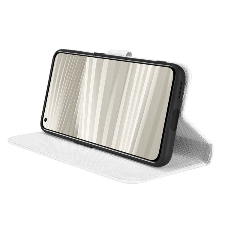 For Realme GT2 Pro Magnetic Clasp Diamond Texture Adjustable Stand PU Leather Wallet Cover - White