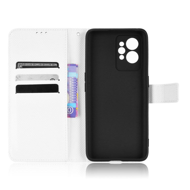 For Realme GT2 Pro Magnetic Clasp Diamond Texture Adjustable Stand PU Leather Wallet Cover - White
