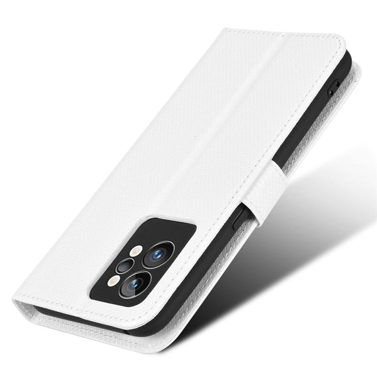 For Realme GT2 Pro Magnetic Clasp Diamond Texture Adjustable Stand PU Leather Wallet Cover - White