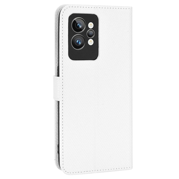 For Realme GT2 Pro Magnetic Clasp Diamond Texture Adjustable Stand PU Leather Wallet Cover - White