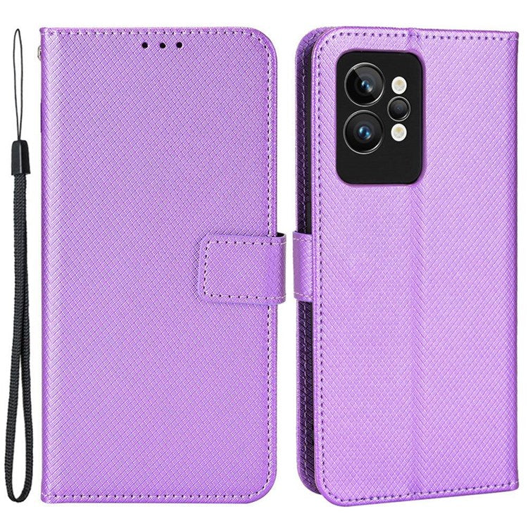 For Realme GT2 Pro Magnetic Clasp Diamond Texture Adjustable Stand PU Leather Wallet Cover - Purple