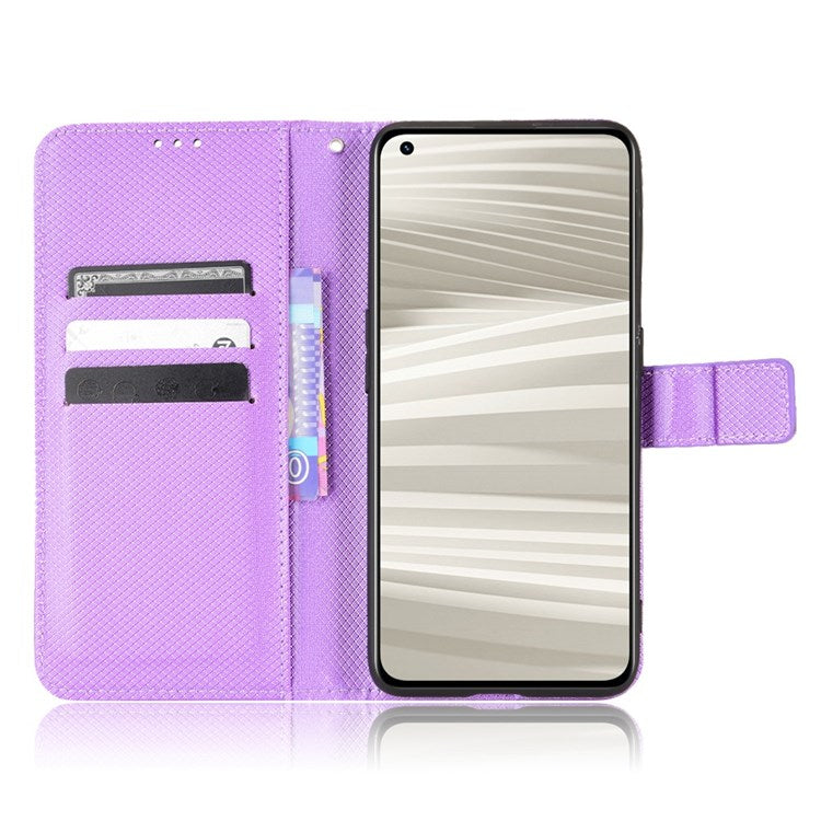 For Realme GT2 Pro Magnetic Clasp Diamond Texture Adjustable Stand PU Leather Wallet Cover - Purple