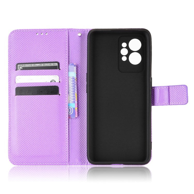 For Realme GT2 Pro Magnetic Clasp Diamond Texture Adjustable Stand PU Leather Wallet Cover - Purple