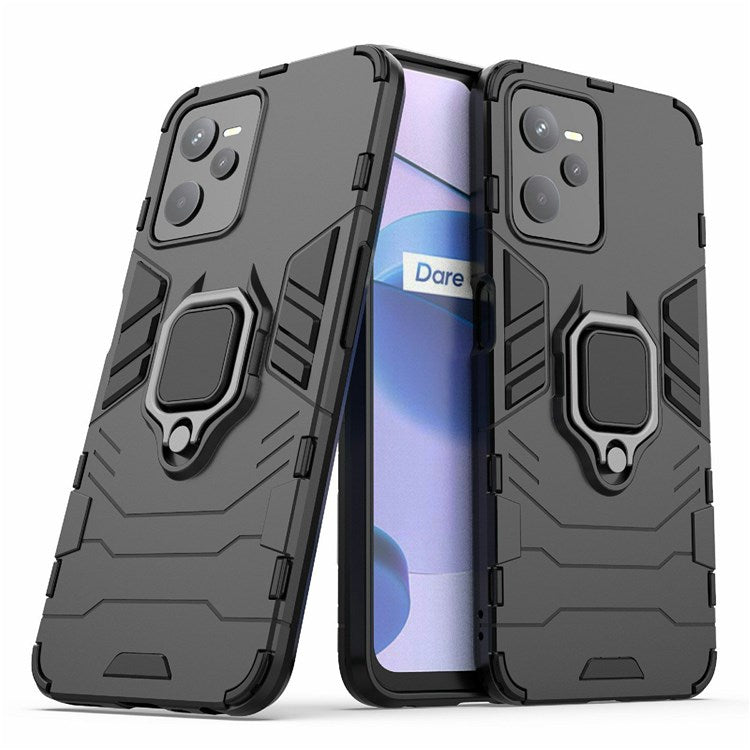 For Realme C35 Soft TPU + Hard PC Cover Ring Holder Kickstand Mobile Phone Case - Black