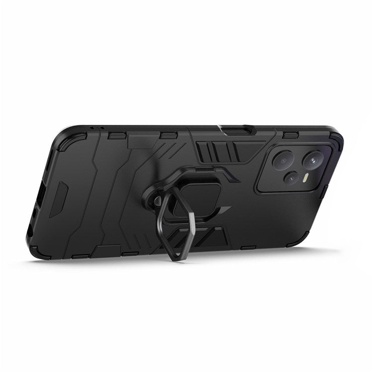 For Realme C35 Soft TPU + Hard PC Cover Ring Holder Kickstand Mobile Phone Case - Black
