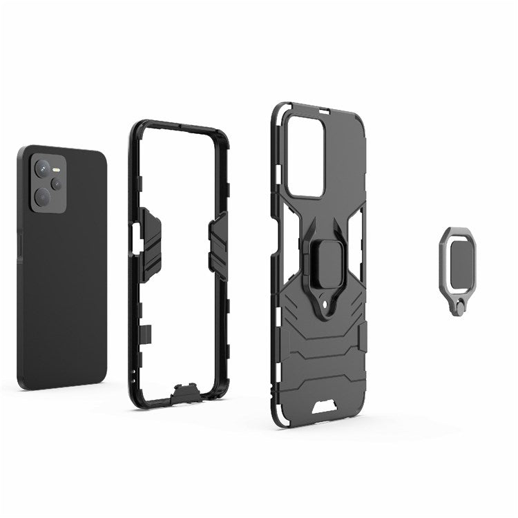 For Realme C35 Soft TPU + Hard PC Cover Ring Holder Kickstand Mobile Phone Case - Black