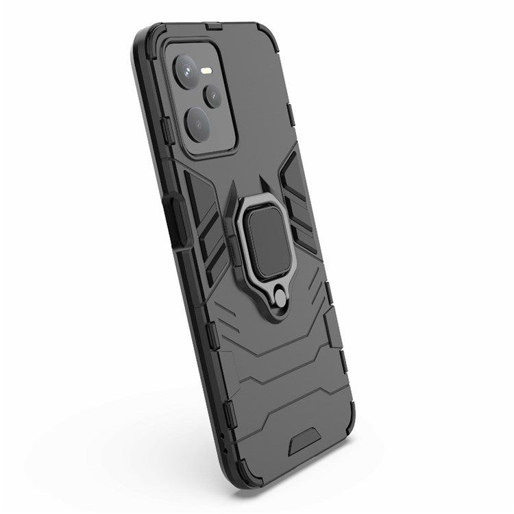 For Realme C35 Soft TPU + Hard PC Cover Ring Holder Kickstand Mobile Phone Case - Black