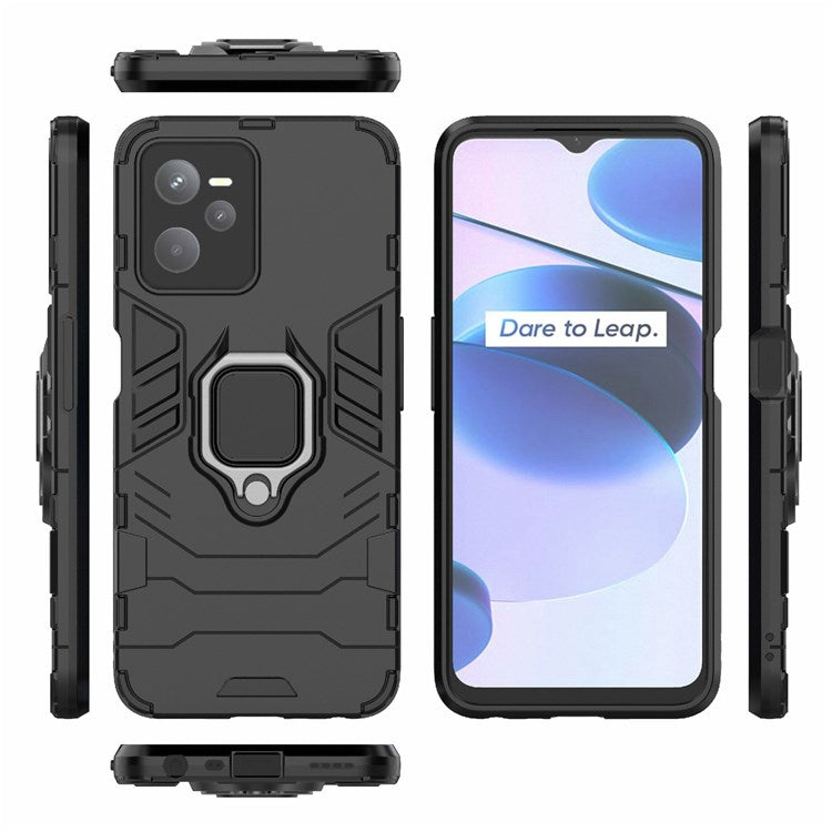 For Realme C35 Soft TPU + Hard PC Cover Ring Holder Kickstand Mobile Phone Case - Black