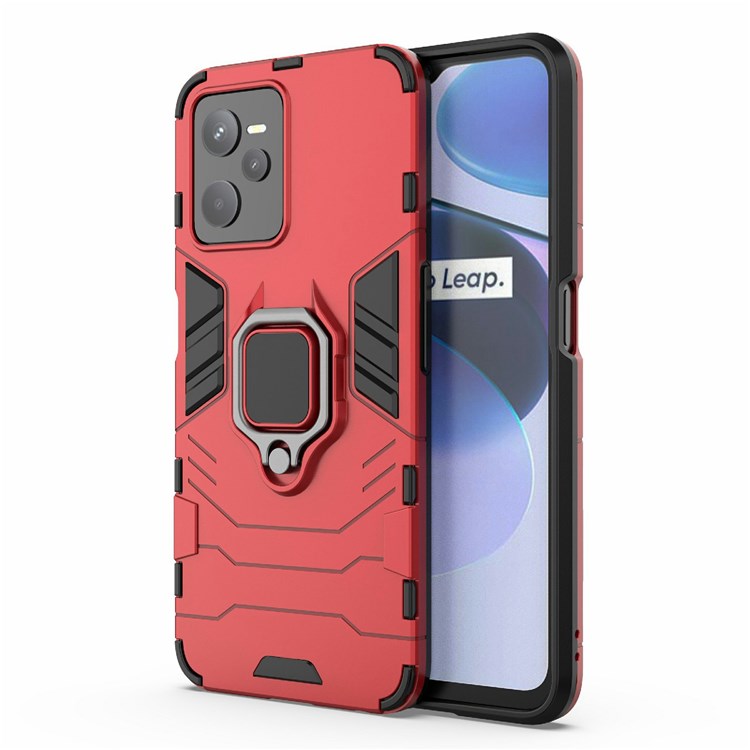 For Realme C35 Soft TPU + Hard PC Cover Ring Holder Kickstand Mobile Phone Case - Red