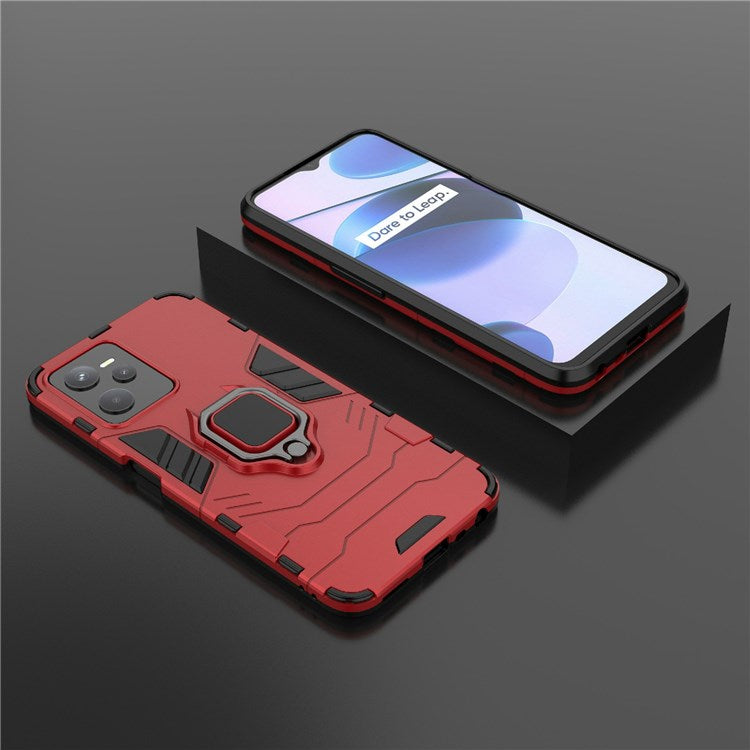 For Realme C35 Soft TPU + Hard PC Cover Ring Holder Kickstand Mobile Phone Case - Red