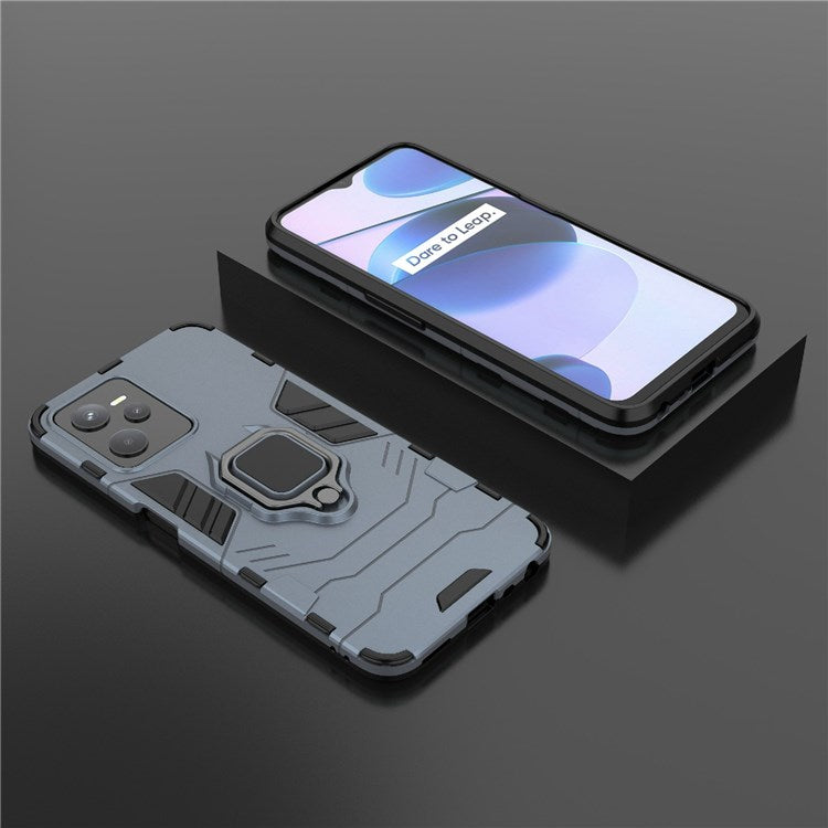 For Realme C35 Soft TPU + Hard PC Cover Ring Holder Kickstand Mobile Phone Case - Blue
