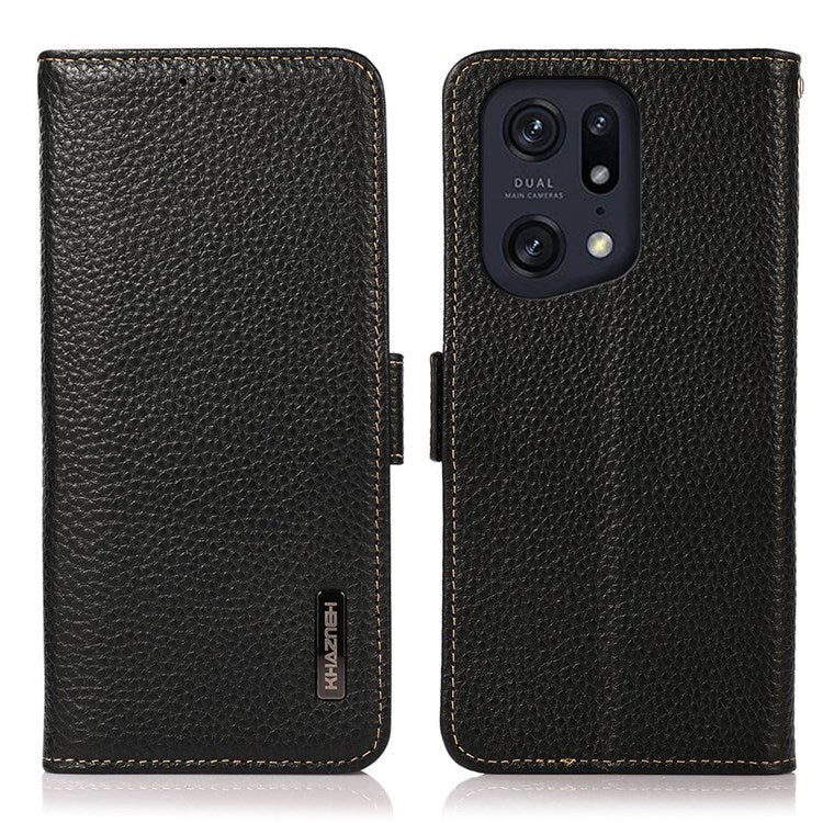 KHAZNEH Litchi Texture Case for Oppo Find X5 Pro, Stand Design All-round Shockproof Genuine Leather + TPU RFID Blocking Cover with Wallet - Black