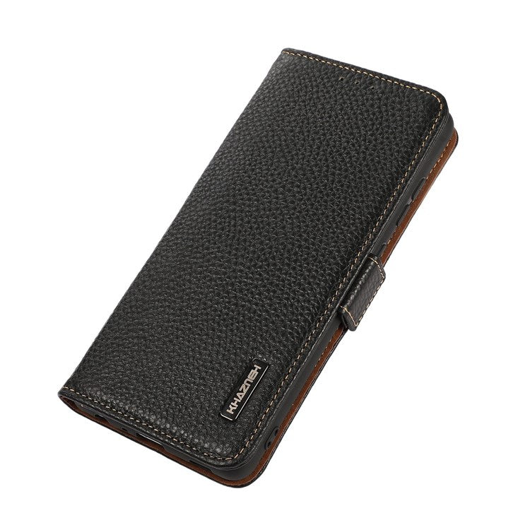KHAZNEH Litchi Texture Case for Oppo Find X5 Pro, Stand Design All-round Shockproof Genuine Leather + TPU RFID Blocking Cover with Wallet - Black