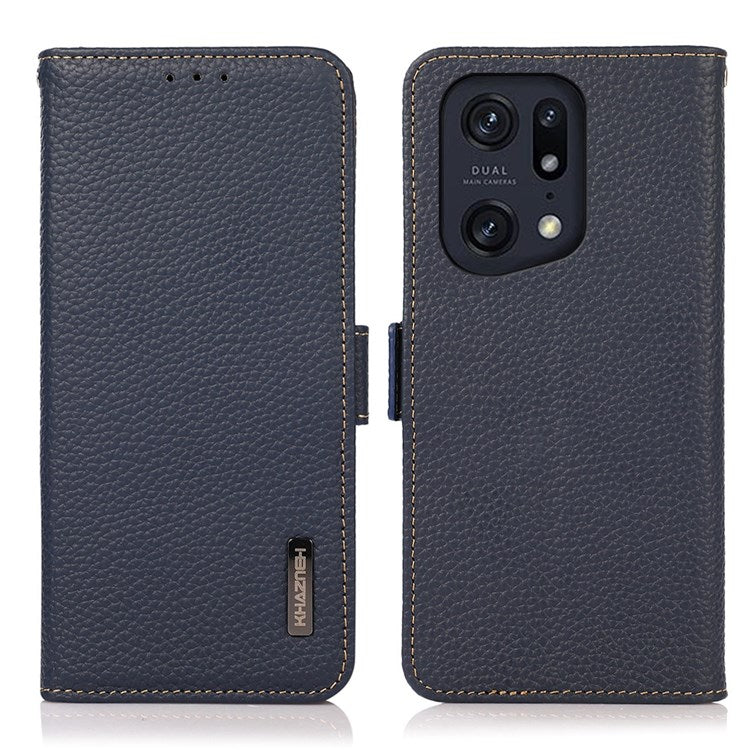 KHAZNEH Litchi Texture Case for Oppo Find X5 Pro, Stand Design All-round Shockproof Genuine Leather + TPU RFID Blocking Cover with Wallet - Blue