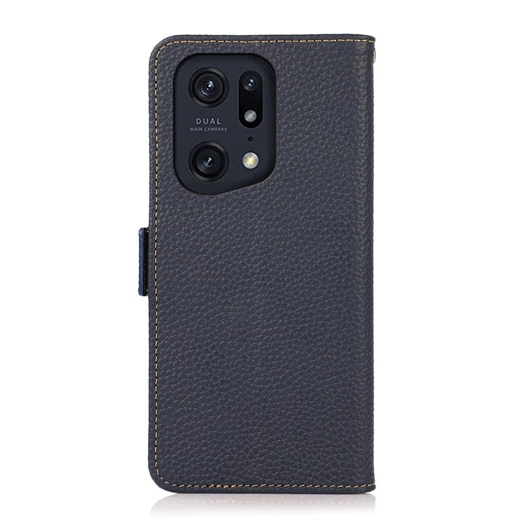 KHAZNEH Litchi Texture Case for Oppo Find X5 Pro, Stand Design All-round Shockproof Genuine Leather + TPU RFID Blocking Cover with Wallet - Blue