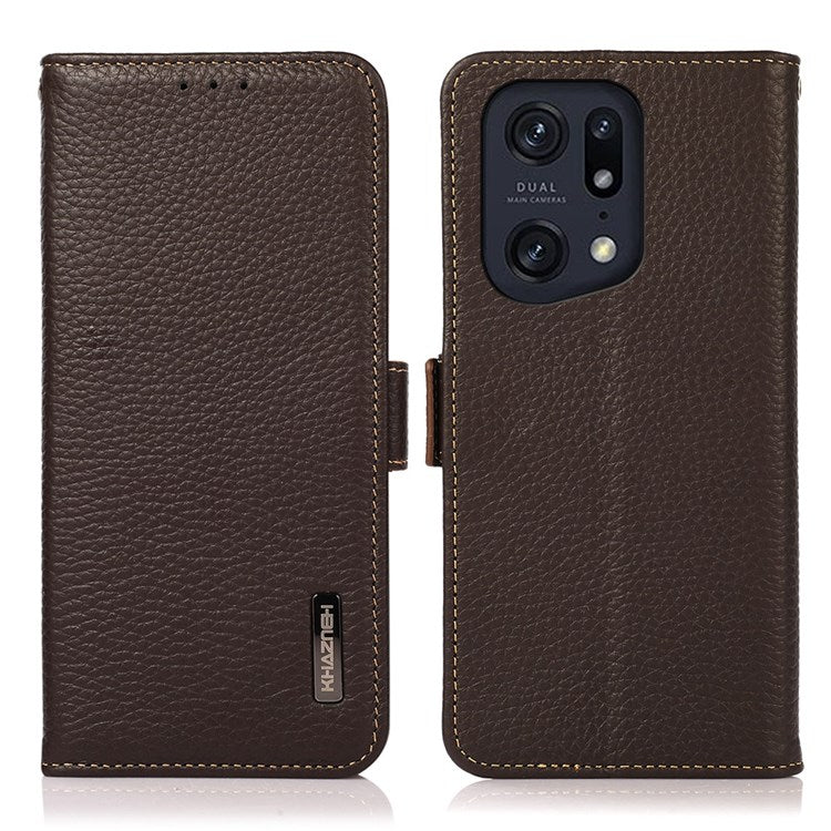 KHAZNEH Litchi Texture Case for Oppo Find X5 Pro, Stand Design All-round Shockproof Genuine Leather + TPU RFID Blocking Cover with Wallet - Brown