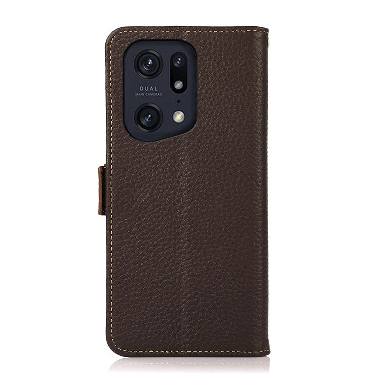 KHAZNEH Litchi Texture Case for Oppo Find X5 Pro, Stand Design All-round Shockproof Genuine Leather + TPU RFID Blocking Cover with Wallet - Brown
