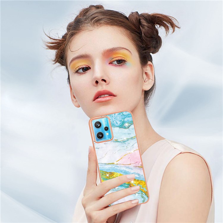 YB IMD Series-2 Phone Case for Realme 9 Pro 5G / 9 5G / V25, Electroplating Frame IMD Marble Pattern Flexible TPU Cover - Green 004