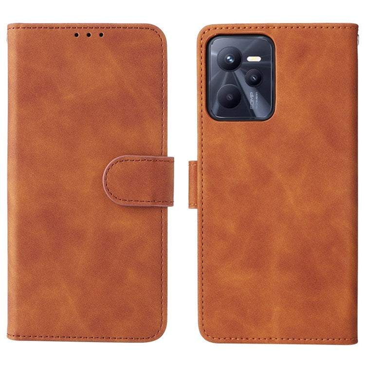 For Realme C35 Skin-touch Feeling Drop-proof PU Leather Case Wallet Stand Phone Cover - Brown