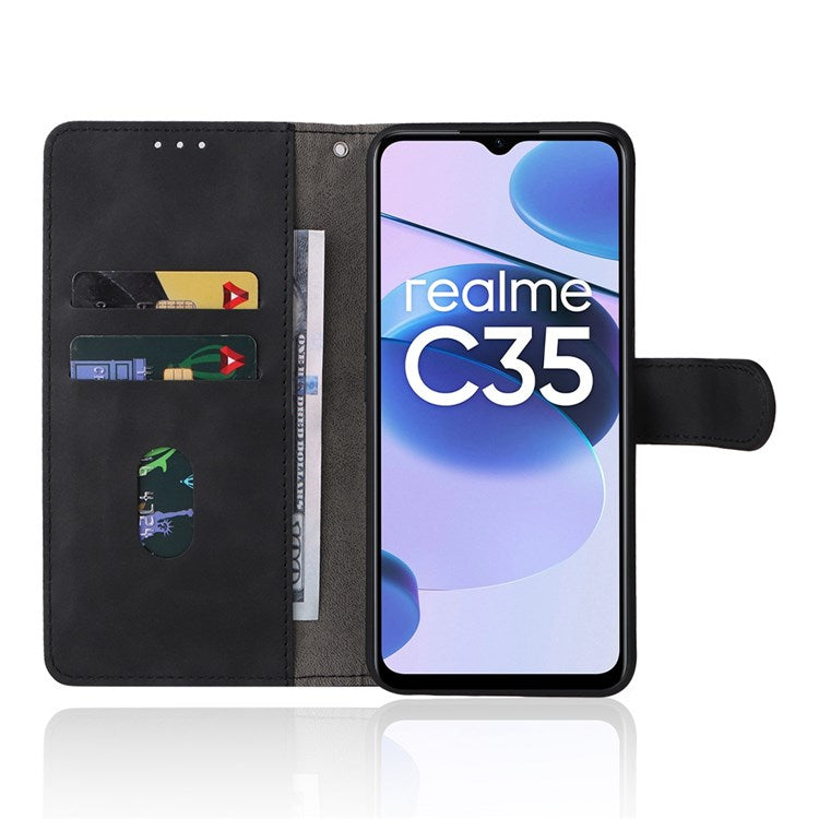 For Realme C35 Skin-touch Feeling Drop-proof PU Leather Case Wallet Stand Phone Cover - Black