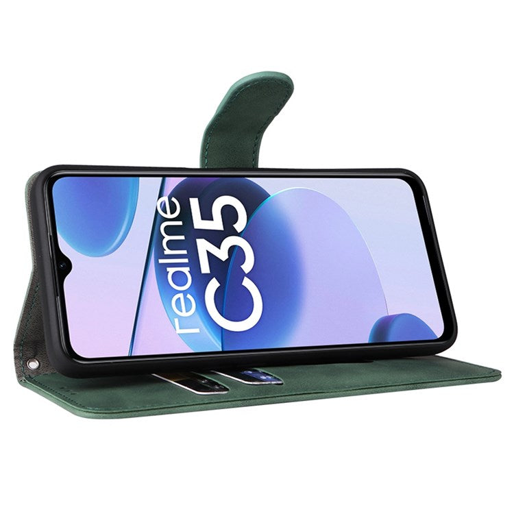 For Realme C35 Skin-touch Feeling Drop-proof PU Leather Case Wallet Stand Phone Cover - Green