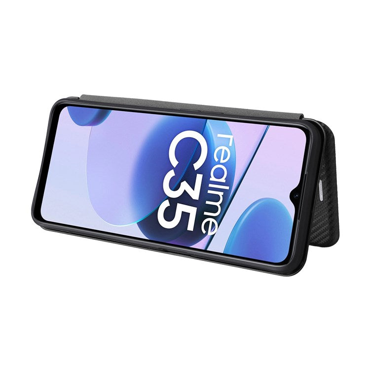 For Realme C35 Carbon Fiber Texture PU Leather Stand Case Magnetic Auto-absorbed Flip Phone Cover - Black