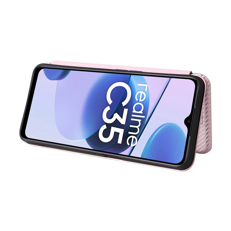 For Realme C35 Carbon Fiber Texture PU Leather Stand Case Magnetic Auto-absorbed Flip Phone Cover - Rose Gold
