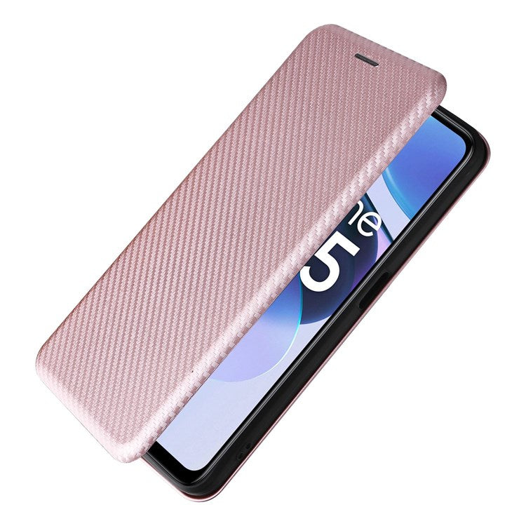 For Realme C35 Carbon Fiber Texture PU Leather Stand Case Magnetic Auto-absorbed Flip Phone Cover - Rose Gold