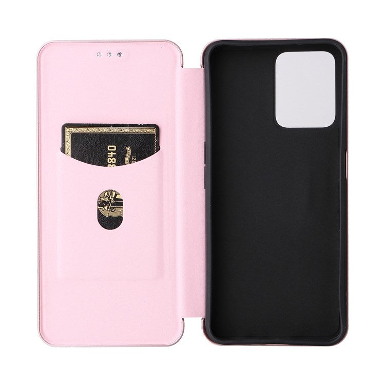 For Realme C35 Carbon Fiber Texture PU Leather Stand Case Magnetic Auto-absorbed Flip Phone Cover - Rose Gold