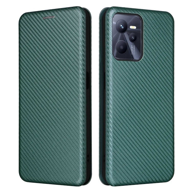 For Realme C35 Carbon Fiber Texture PU Leather Stand Case Magnetic Auto-absorbed Flip Phone Cover - Green