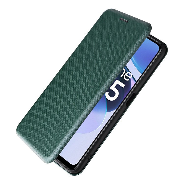 For Realme C35 Carbon Fiber Texture PU Leather Stand Case Magnetic Auto-absorbed Flip Phone Cover - Green