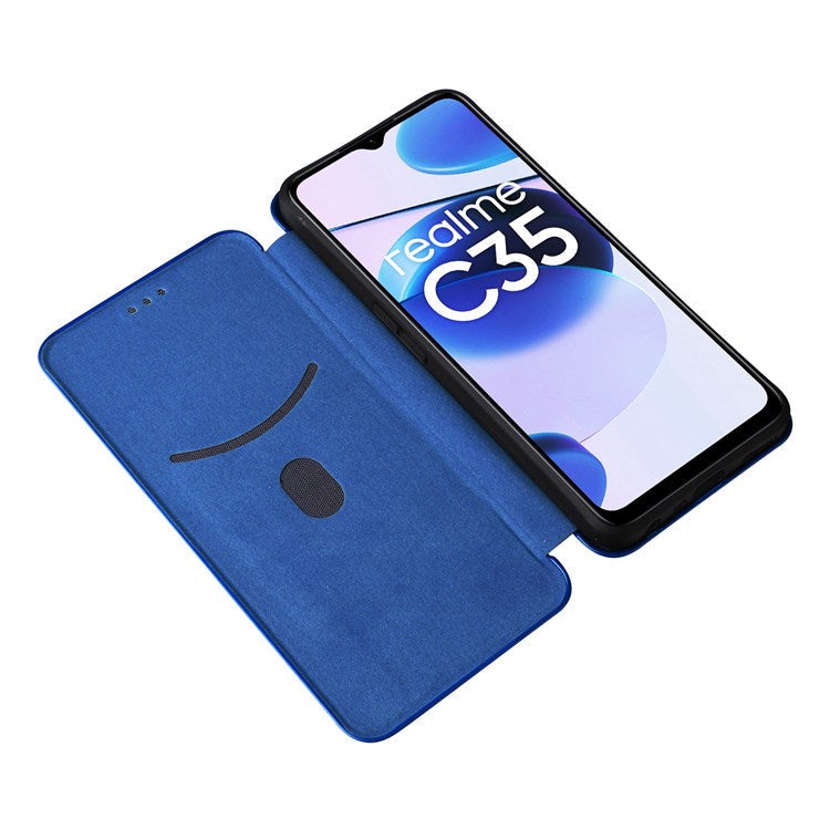 For Realme C35 Carbon Fiber Texture PU Leather Stand Case Magnetic Auto-absorbed Flip Phone Cover - Blue