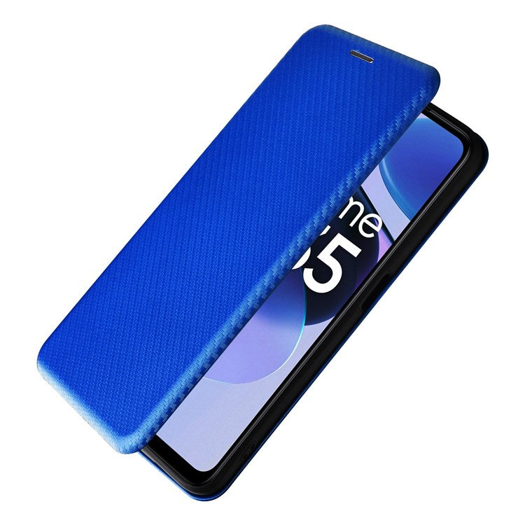 For Realme C35 Carbon Fiber Texture PU Leather Stand Case Magnetic Auto-absorbed Flip Phone Cover - Blue