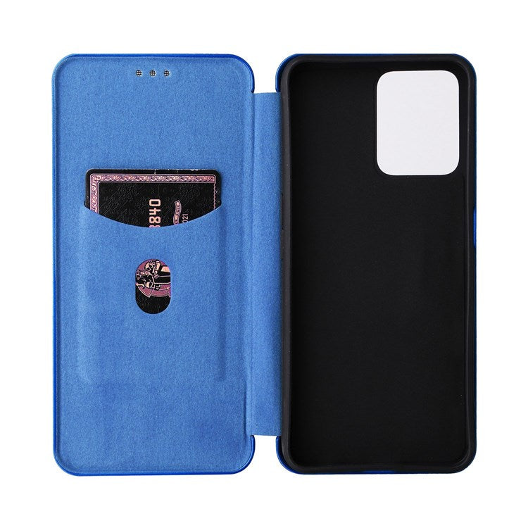 For Realme C35 Carbon Fiber Texture PU Leather Stand Case Magnetic Auto-absorbed Flip Phone Cover - Blue