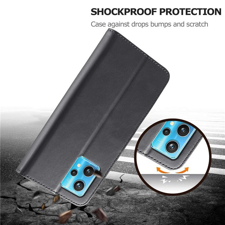 LC.IMEEKE for Realme 9/9 Pro+ Dual-sided Magnetic Clasp Textured PU Leather Wallet Cover Stand Protective Phone Case - Black