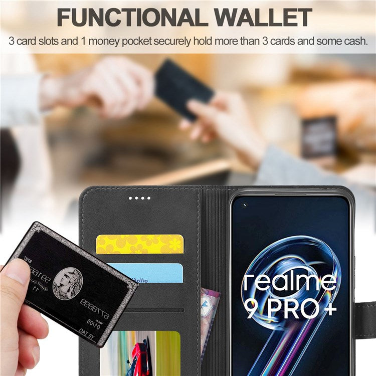 LC.IMEEKE for Realme 9/9 Pro+ Dual-sided Magnetic Clasp Textured PU Leather Wallet Cover Stand Protective Phone Case - Black