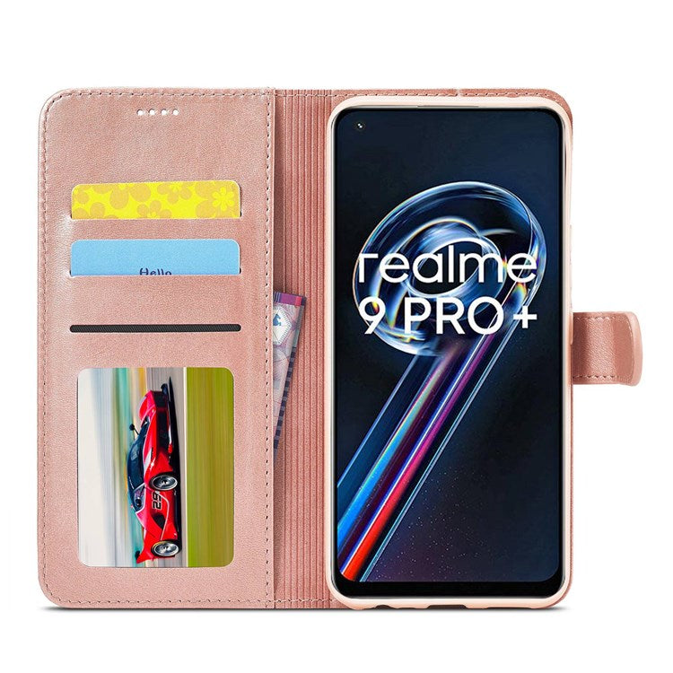 LC.IMEEKE for Realme 9/9 Pro+ Dual-sided Magnetic Clasp Textured PU Leather Wallet Cover Stand Protective Phone Case - Pink